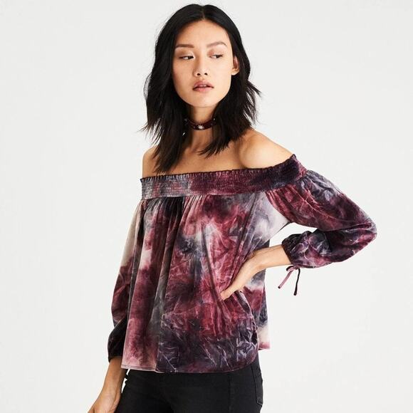 AMERICAN EAGLE OUTFITTERS Crushed Velvet Off Shoulder Top MEDIUM Tie Dye Fall - Picture 1 of 7